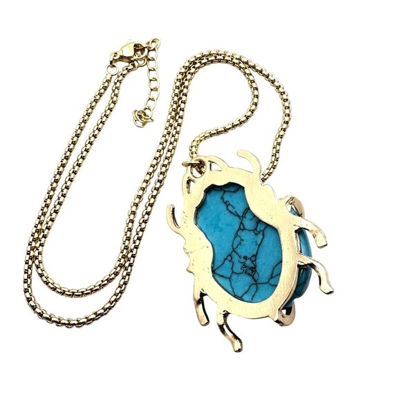Evil Eye Necklace Blue Turquoise Gemstone Scarab Beetle Pendant Gold Plated - Picture 3 of 5